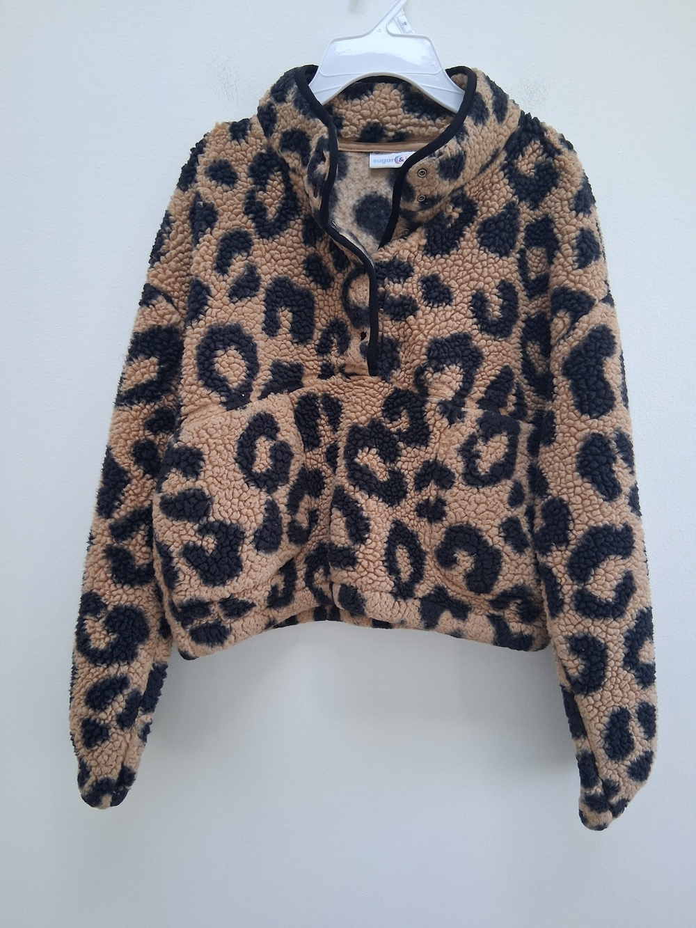 Sugar & Jade Kid's Leopard Print Sherpa Pullover Jacket Tan & Black Size Large